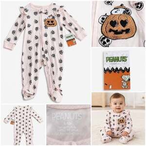 Peanuts Baby Halloween Pumpkin Sequin Pink Footed Romper Coverall 6-9M